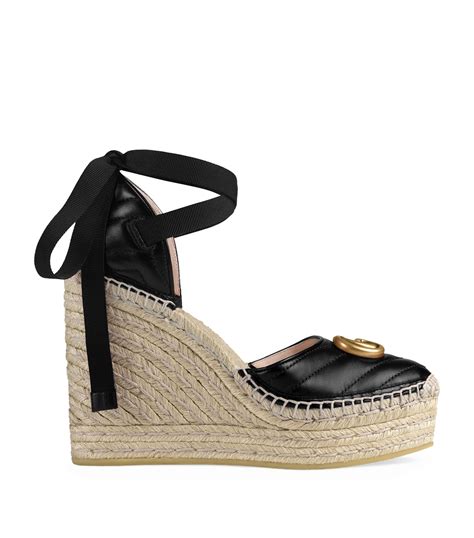 gucci black leather t-strap wedge sandals|gucci wedge sandals flowers.